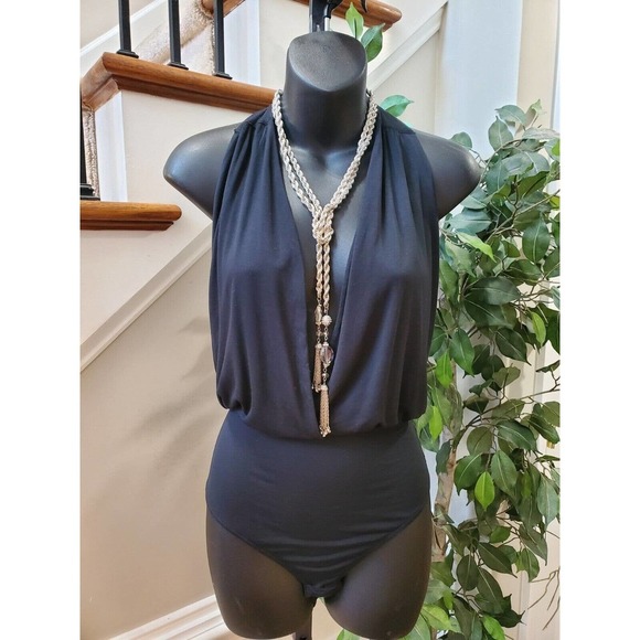 Joes Women Black Solid Modal Deep Neckline Sleeveless One-Piece Bodysuit Size L - Picture 2 of 11